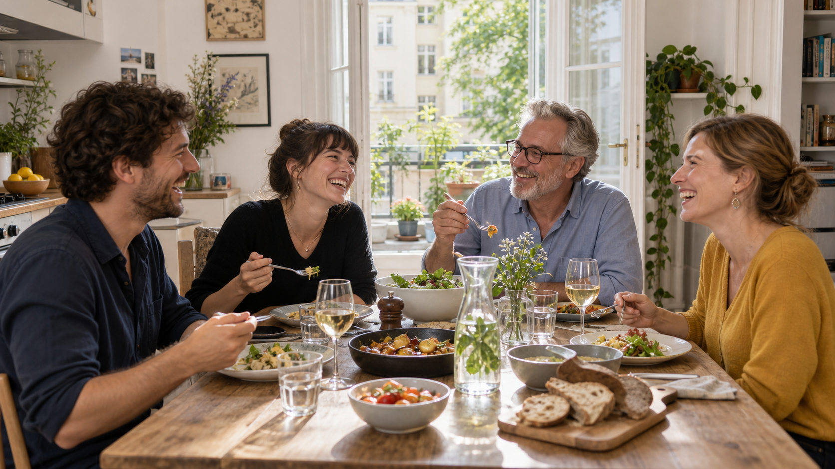 Wiener Freundesrunde lacht beim Essen an einem großen Wohnküchentisch