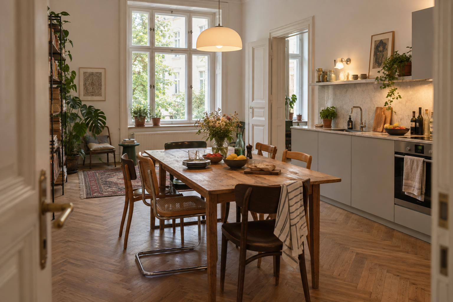 Helle Wiener Wohnküche mit Platz für Gäste und Blick zum Innenhof
